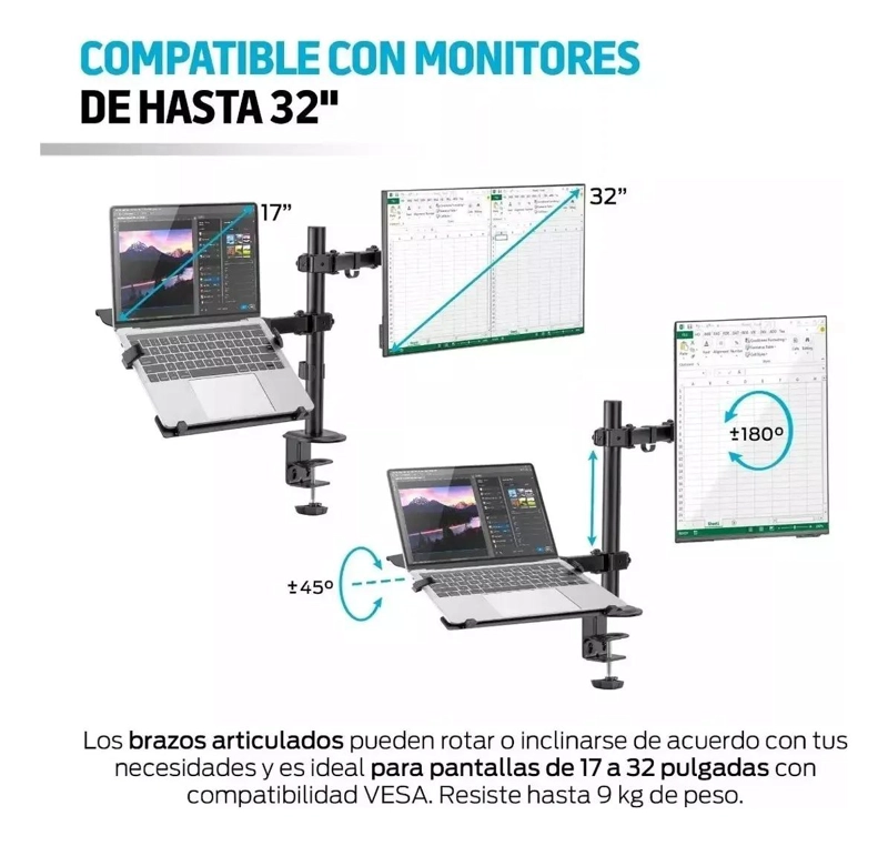 SOPORTE ARTICULADO ERGONOMICO PARA MONITOR Y LAPTOP AJUSTABLE - 6