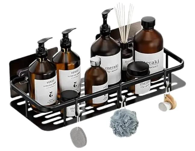 ESTANTE DE ALMACENAMIENTO PARA BAÑO SIN PERFORACIONES EN COLOR NEGRO - 1