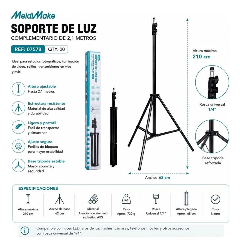 TRIPODE AJUSTABLE DE LUZ 2,1 METROS PARA FOTOGRAFIA Y VIDEO - 5