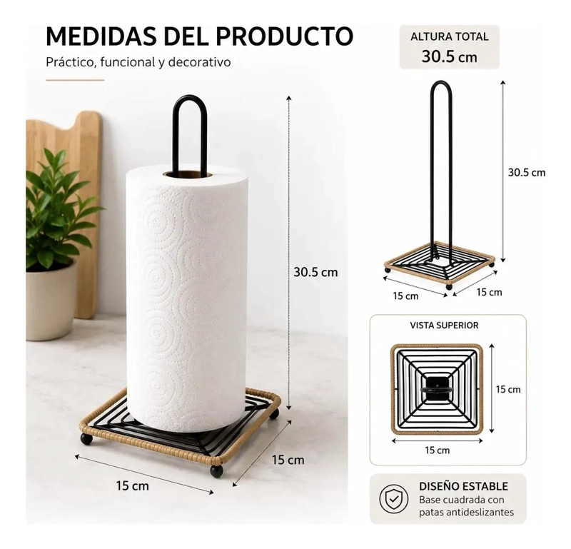 SOPORTE METALICO PARA PAPEL DE COCINA CON BASE ANTIDESLIZANTE - 2