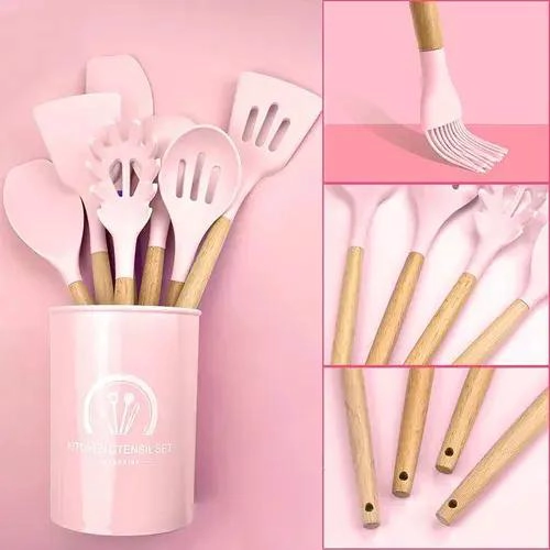 SET DE 12 UTENSILIOS DE COCINA EN SILICONA Y MADERA COLOR ROSA - 3