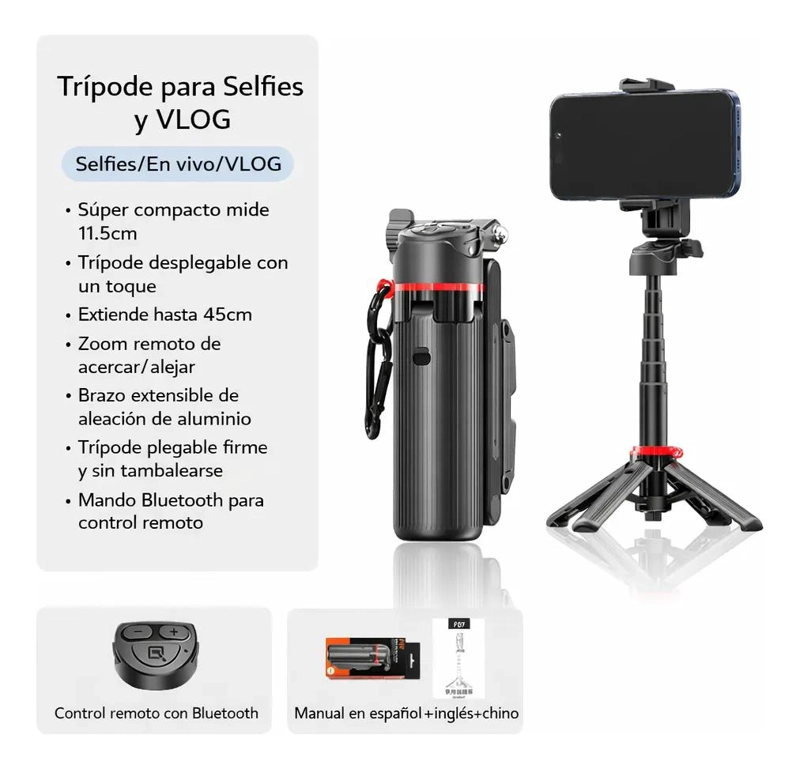 MINI TRIPE  PLEGABLE PARA CELULAR Y CAMARA CON CONTROL REMOTO - 2