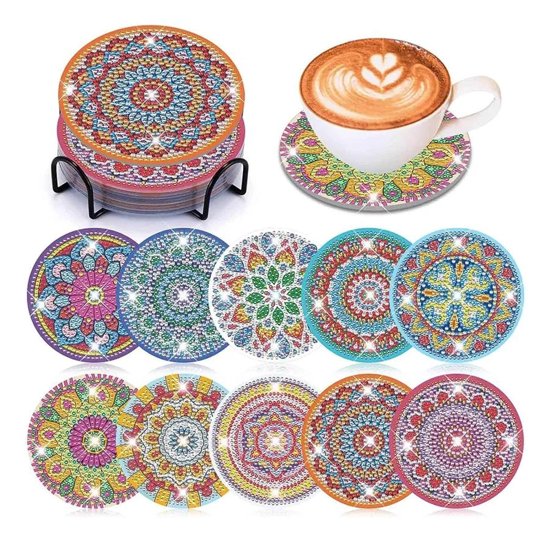 KIT DE 10 POSAVASOS DE DIAMANTES ESTILO MANDALA DE 10 CM - 1
