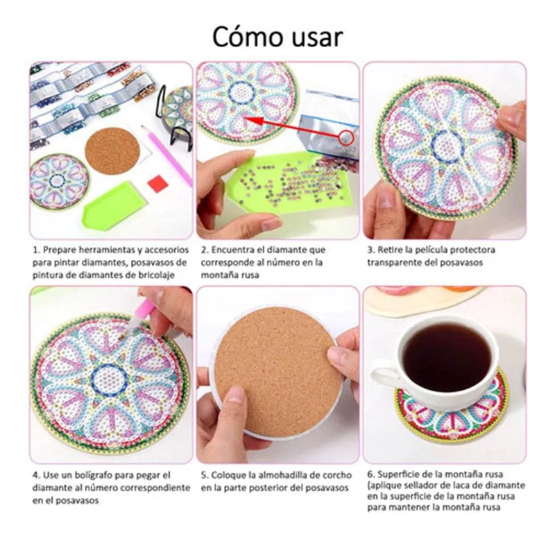 KIT DE 10 POSAVASOS DE DIAMANTES ESTILO MANDALA DE 10 CM - 2