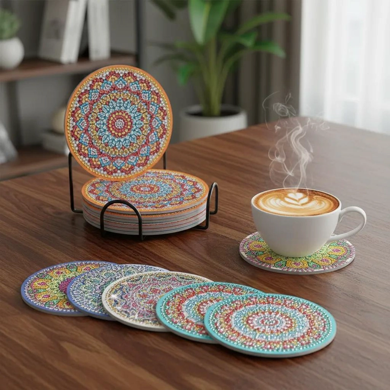 KIT DE 10 POSAVASOS DE DIAMANTES ESTILO MANDALA DE 10 CM - 6