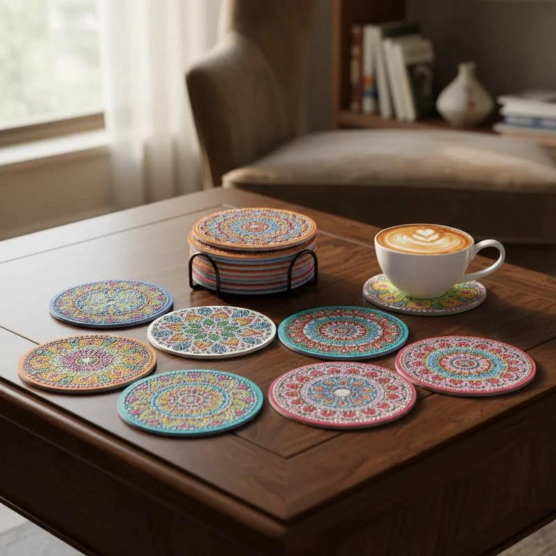 KIT DE 10 POSAVASOS DE DIAMANTES ESTILO MANDALA DE 10 CM - 9