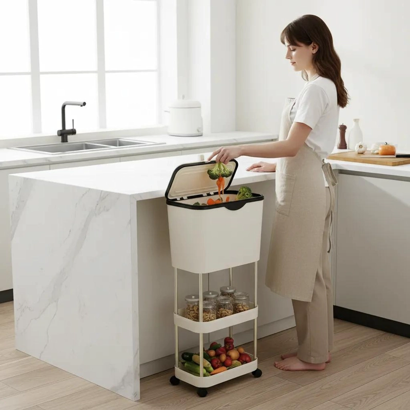 BASURERO ORGANIZADOR DE COCINA CON RUEDAS Y DISEÑO DE 3 NIVELES - 1