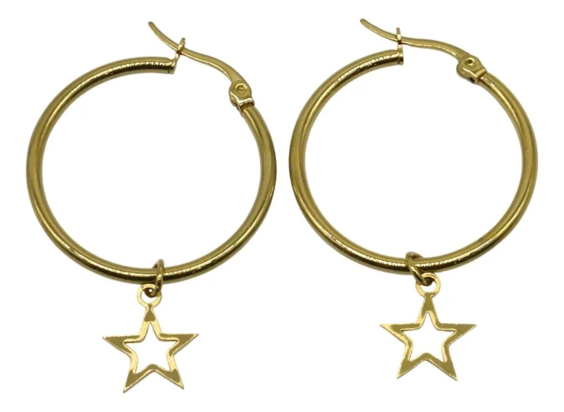 AROS ARGOLLAS CON DIJE DE ESTRELLA EN ACERO DORADO 30MM - 4
