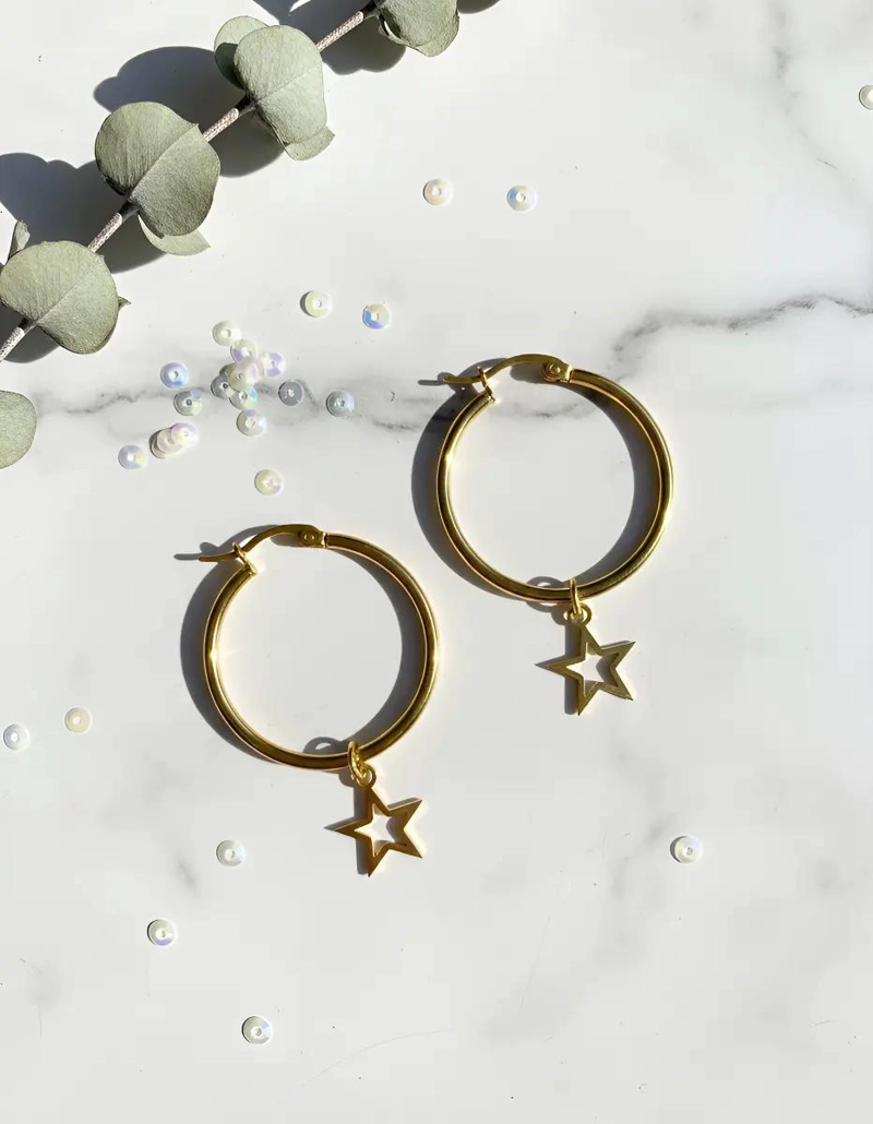 AROS ARGOLLAS CON DIJE DE ESTRELLA EN ACERO DORADO 30MM - 7