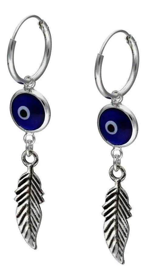 AROS DE PLATA 925 CON DISEÑO DE OJO TURCO Y PLUMA - 1