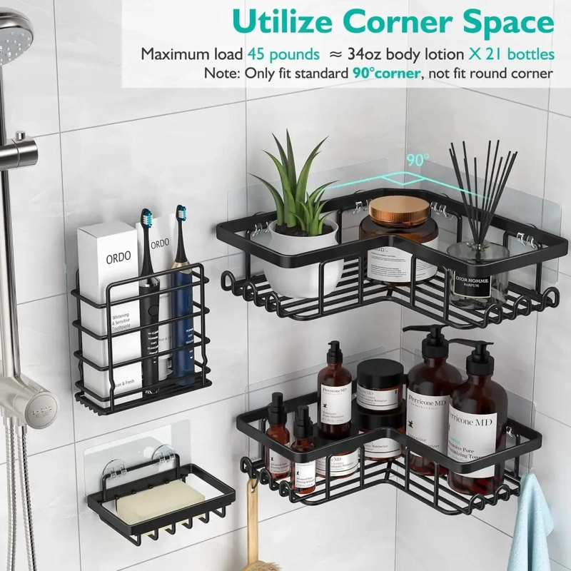 SET DE ESTANTES ESQUINERO PARA BAÑO CON ADHESIVOS NEGROS - 3
