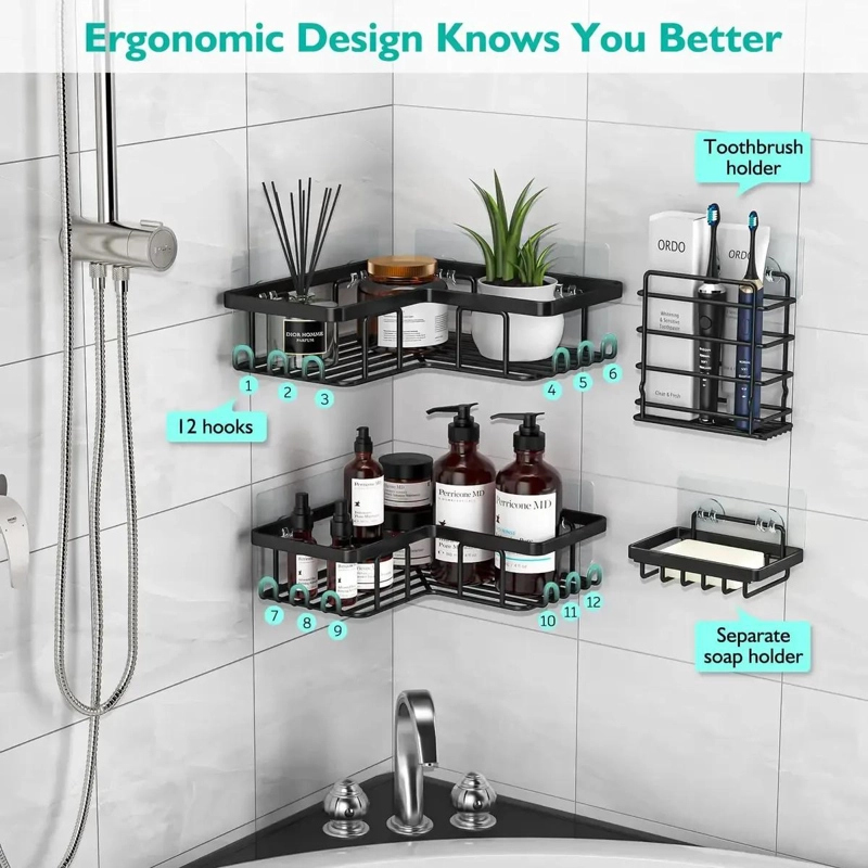 SET DE ESTANTES ESQUINERO PARA BAÑO CON ADHESIVOS NEGROS - 5