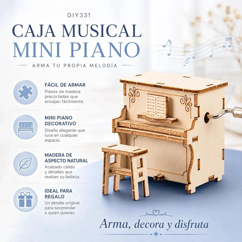 CAJA MUSICAL DE MADERA ARMABLE CON FORMA DE PIANO - 3
