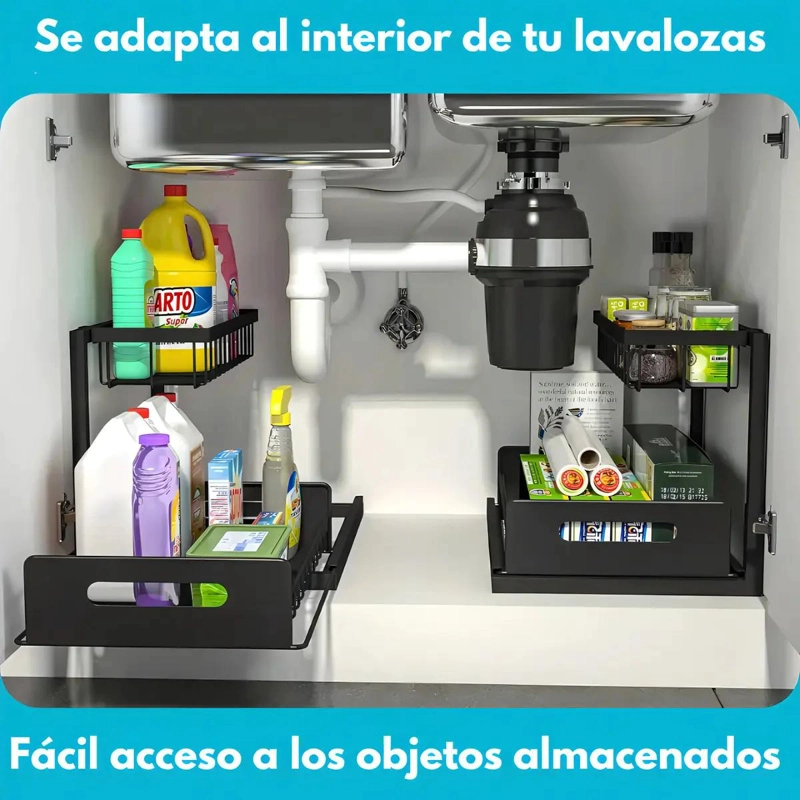 ORGANIZADOR DESLIZANTE BAJO FREGADERO 2 NIVELES ACERO NEGRO - 8