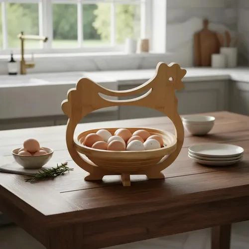 HUEVERA DE MADERA EN FORMA DE GALLINA PARA ORGANIZAR HUEVOS - 2