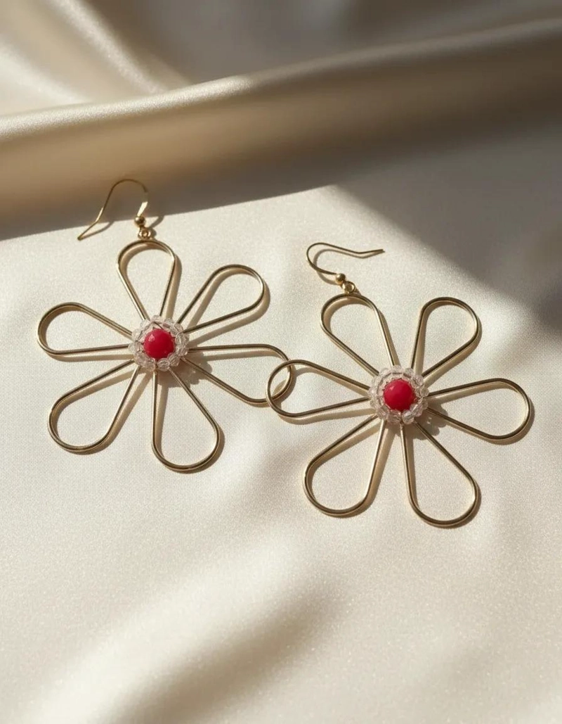 AROS DE FLOR GRANDE HECHOS A MANO CON BAÑO DE ORO Y PIEDRAS - 2