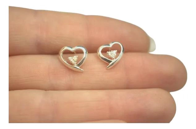 AROS DE PLATA 925 CON DISEÑO DE CORAZON Y PIEDRAS BRILLANTES - 2