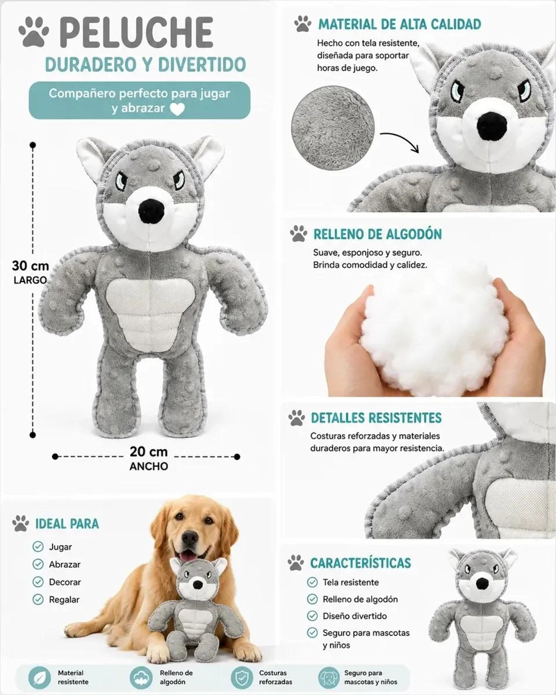 PELUCHE LOBO RESISTENTE PARA PERROS CON SONIDO - 2