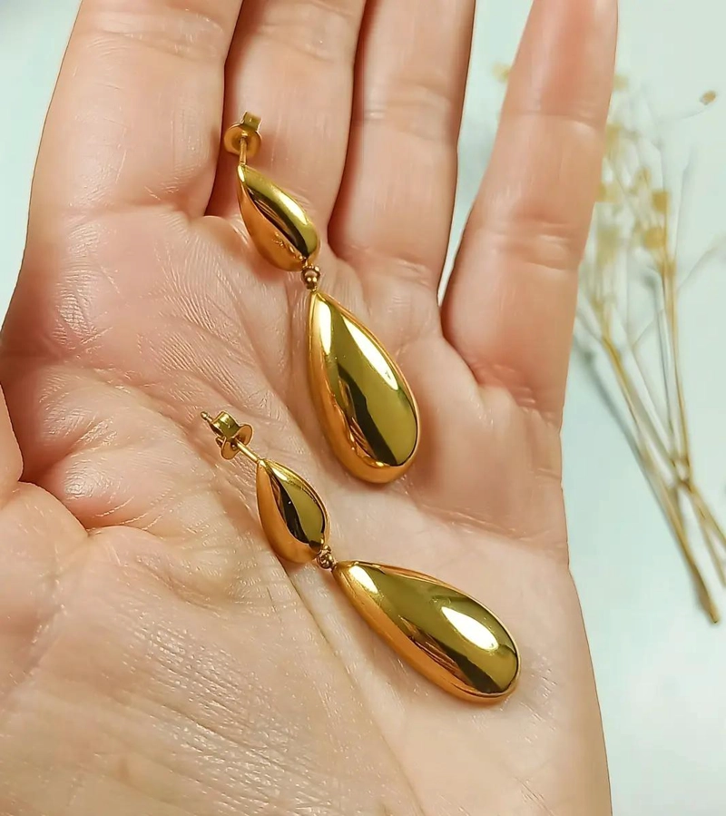 AROS LARGOS TIPO GOTA ESPEJO CHAPADOS EN ORO 18K - 4