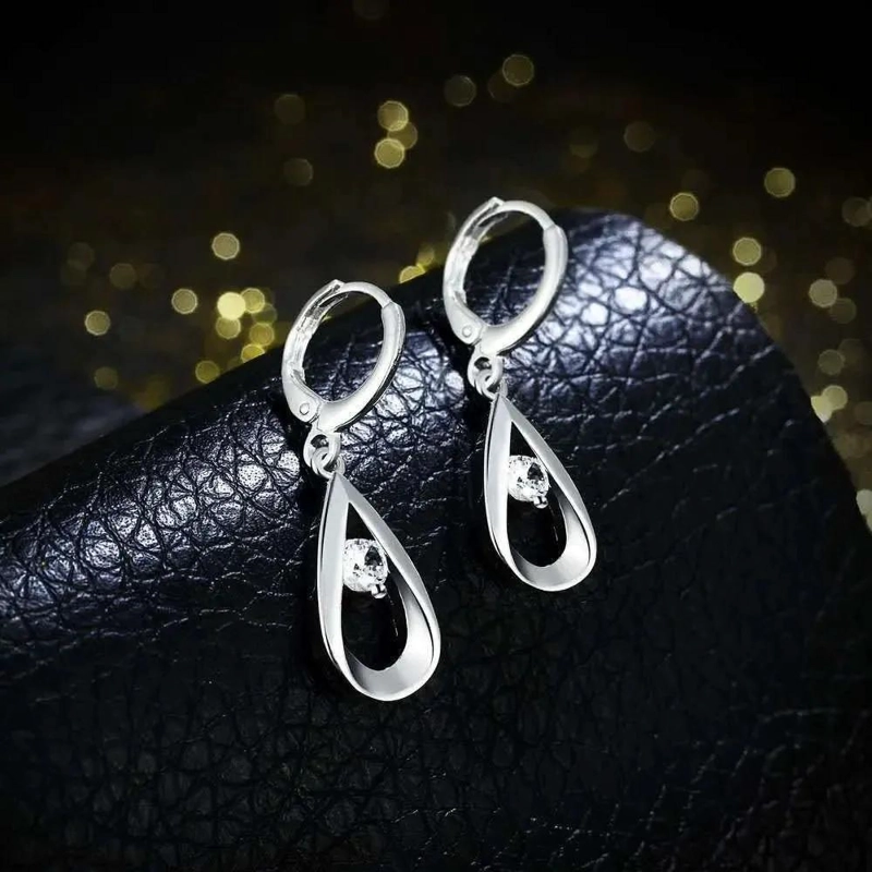 AROS DE GOTAS CON CIRCONIAS Y JOYERO PLATEADO - 4