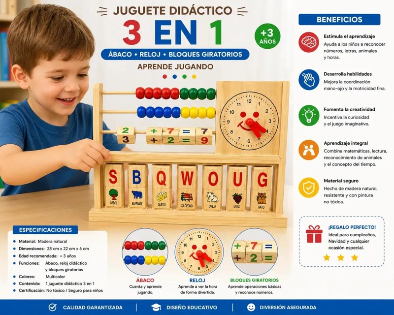 JUGUETE DIDACTICO DE MADERA 3 EN 1 PARA APRENDIZAJE INFANTIL - 3