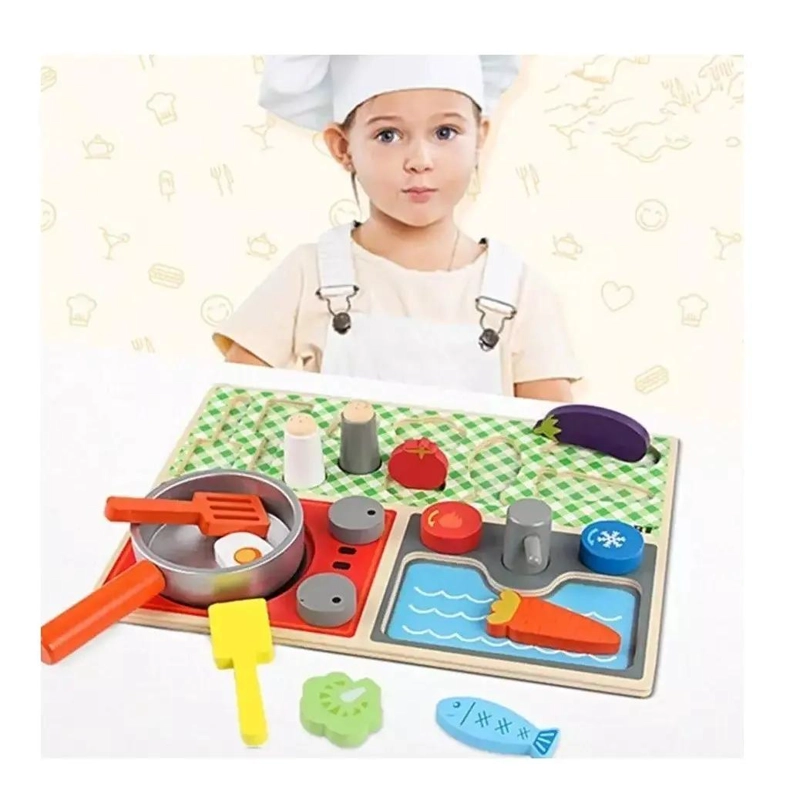 JUEGO DIDACTICO DE COCINA DE MADERA CON UTENSILIOS Y VERDURAS - 1