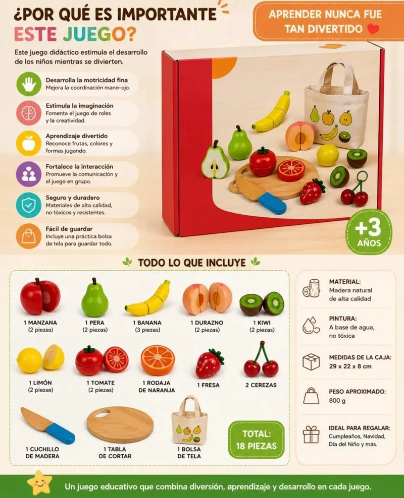 JUEGO DIDACTICO DE FRUTAS DE MADERA CON VELCRO PARA NIÑOS - 8