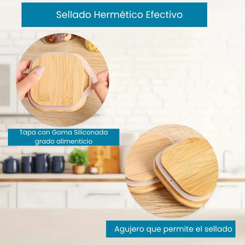 PACK DE 6 FRASCOS CUADRADOS DE VIDRIO CON TAPA DE BAMBU 750 ML - 6