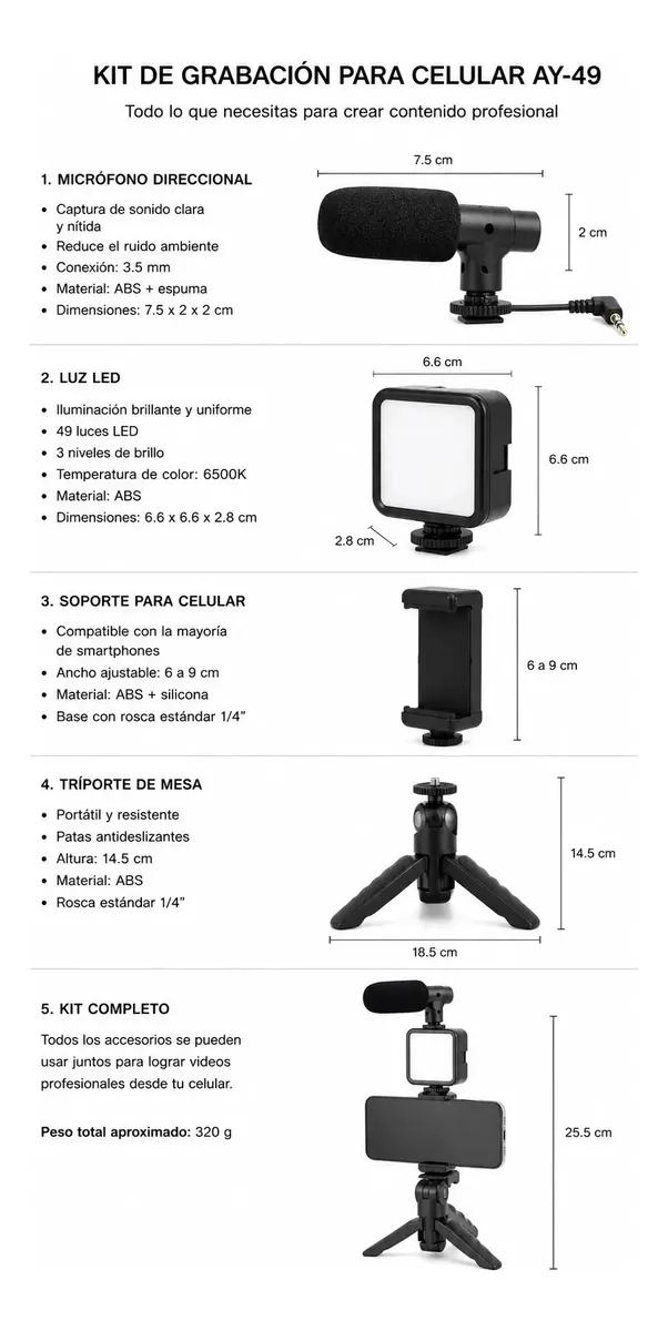 KIT DE GRABACION CON MICROFONO Y LUZ LED COMPACTO - 2