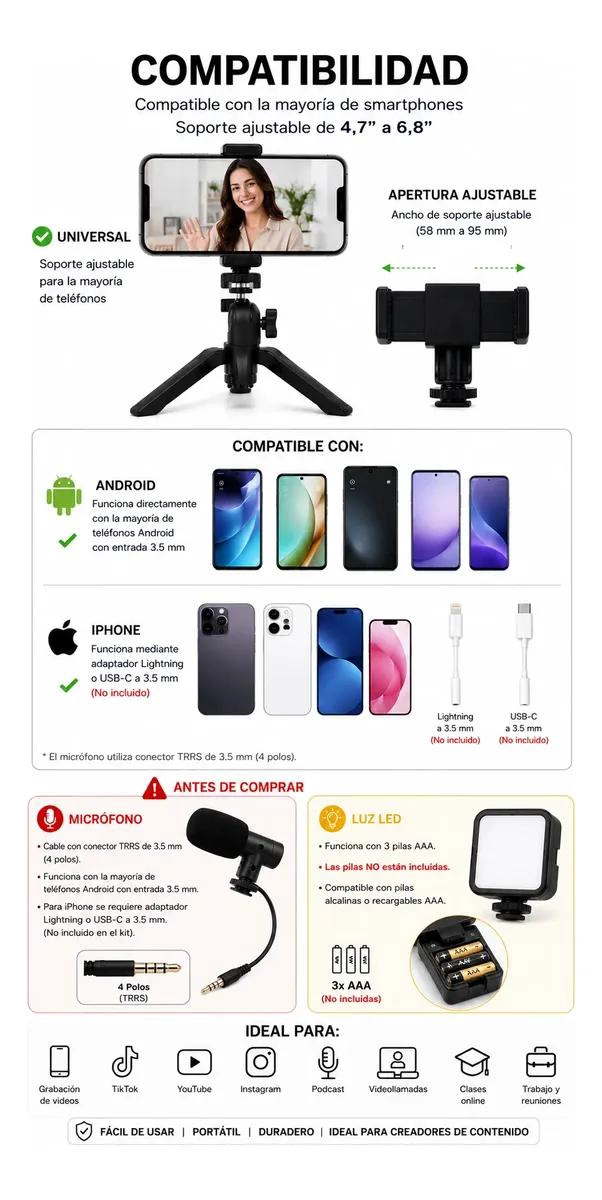 KIT DE GRABACION CON MICROFONO Y LUZ LED COMPACTO - 6