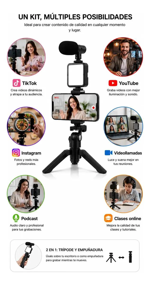 KIT DE GRABACION CON MICROFONO Y LUZ LED COMPACTO - 9
