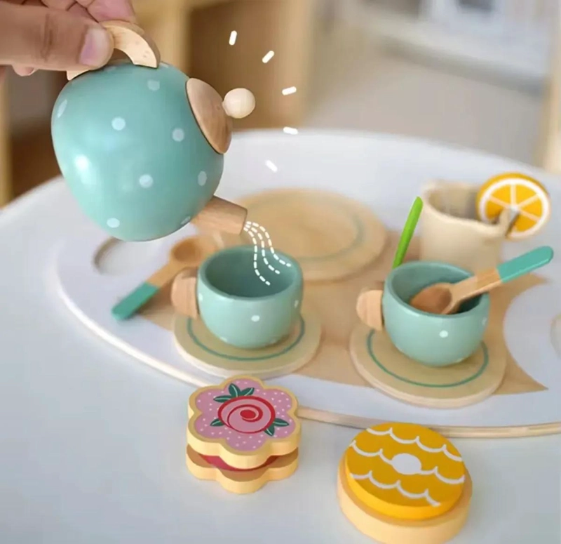 JUEGO DE TE  DE MADERA CON ACCESORIOS EN COLORES PASTEL - 6