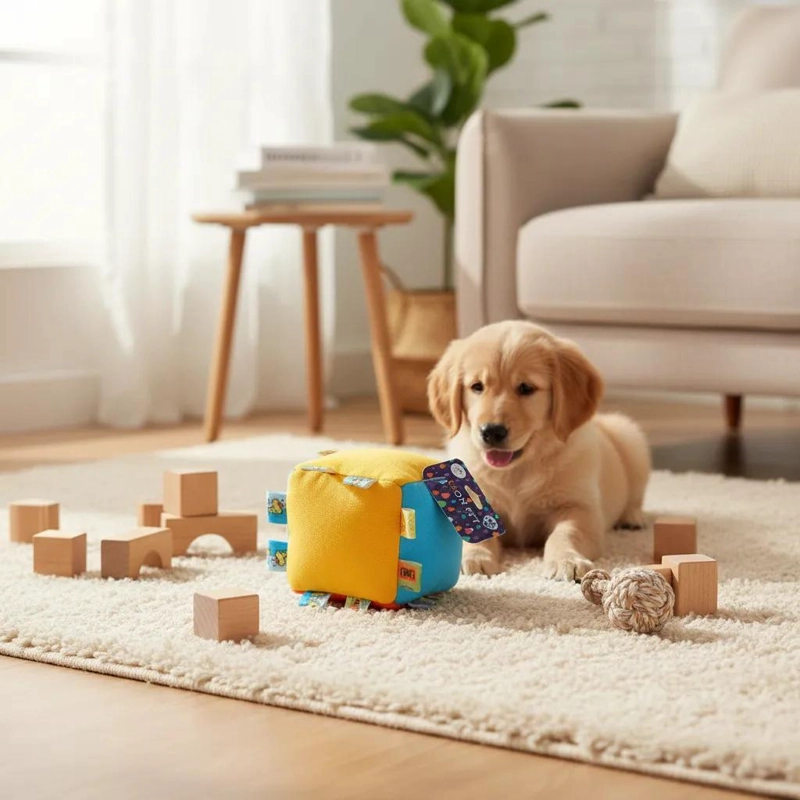 JUGUETE SENSORIAL DE PELUCHE PARA MASCOTAS CUBO AMARILLO - 2