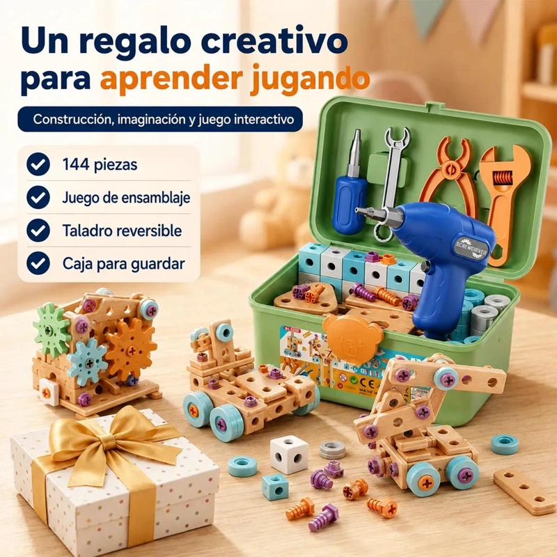 CAJA DE HERRAMIENTAS DE MADERA PARA NIÑOS CON 144 PIEZAS - 10