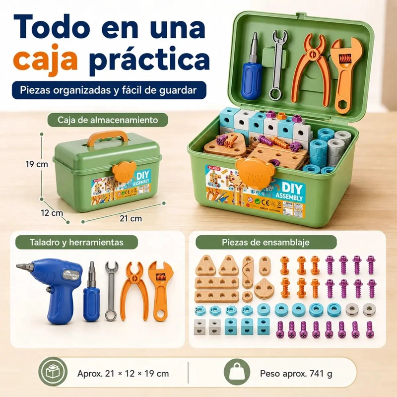 CAJA DE HERRAMIENTAS DE MADERA PARA NIÑOS CON 144 PIEZAS - 3
