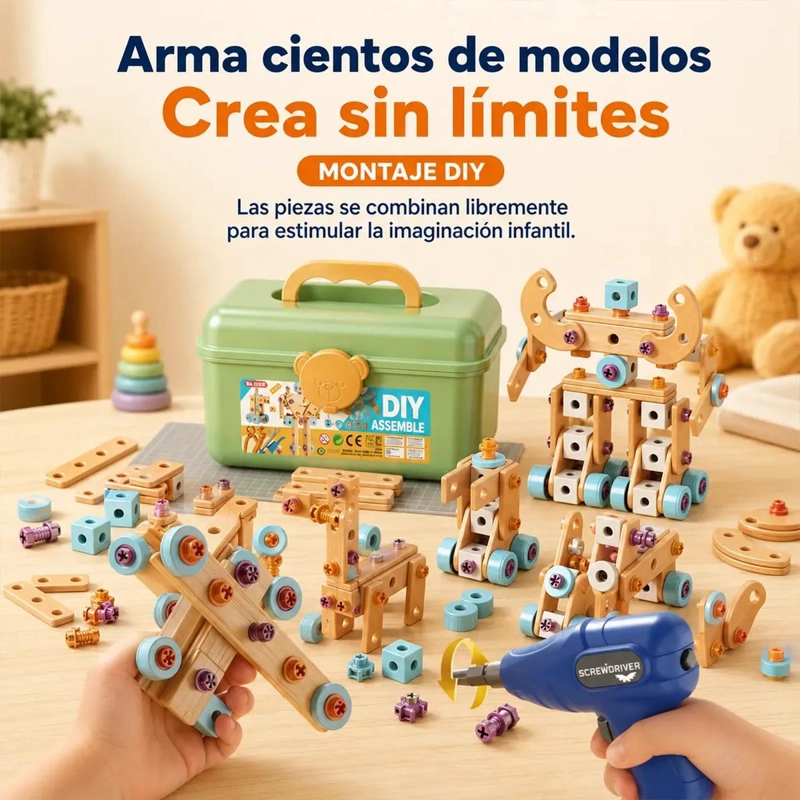CAJA DE HERRAMIENTAS DE MADERA PARA NIÑOS CON 144 PIEZAS - 4