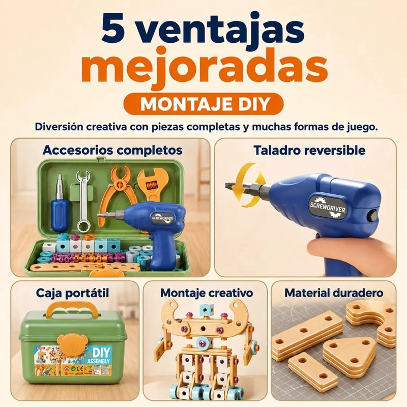 CAJA DE HERRAMIENTAS DE MADERA PARA NIÑOS CON 144 PIEZAS - 5