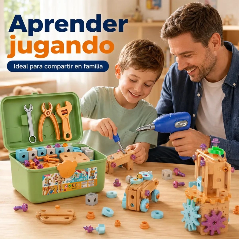 CAJA DE HERRAMIENTAS DE MADERA PARA NIÑOS CON 144 PIEZAS - 7