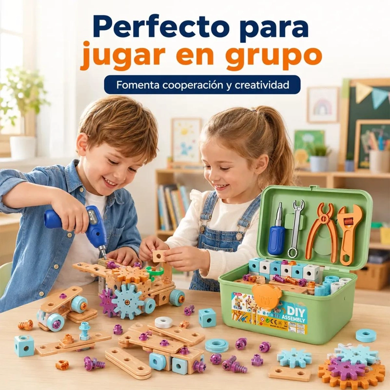 CAJA DE HERRAMIENTAS DE MADERA PARA NIÑOS CON 144 PIEZAS - 8