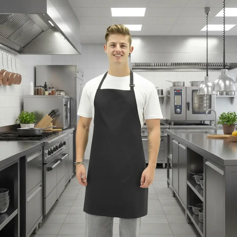 PECHERA DELANTAL NEGRO UNISEX PARA COCINA CON BOLSILLOS - 1