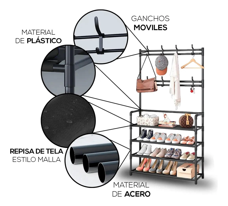 PERCHERO Y ZAPATERO ORGANIZADOR MULTIFUNCIONAL DE ACERO NEGRO - 3
