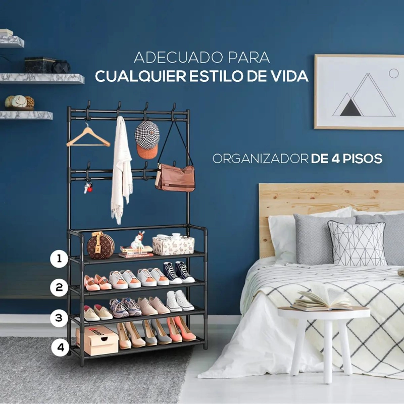 PERCHERO Y ZAPATERO ORGANIZADOR MULTIFUNCIONAL DE ACERO NEGRO - 6