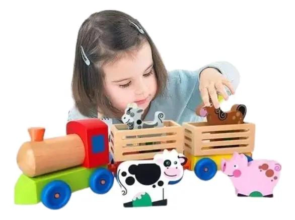 TREN DE MADERA DIDACTICO CON ANIMALES DE GRANJA PARA NIÑOS - 1