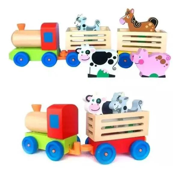 TREN DE MADERA DIDACTICO CON ANIMALES DE GRANJA PARA NIÑOS - 3