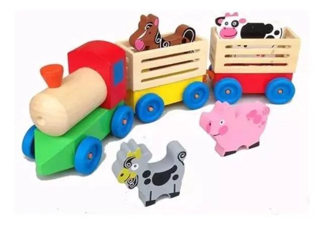 TREN DE MADERA DIDACTICO CON ANIMALES DE GRANJA PARA NIÑOS - 4