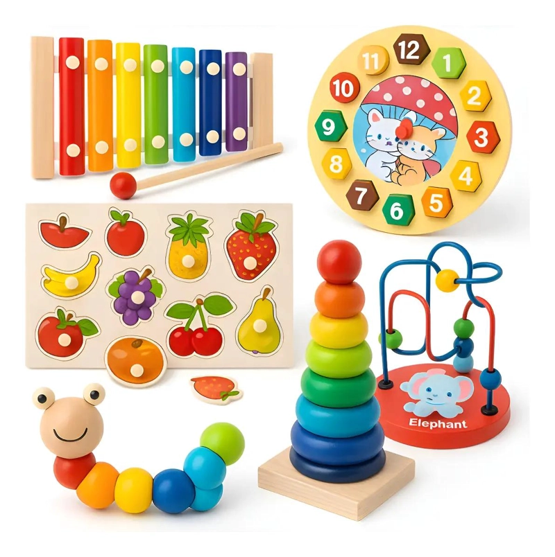 SET DE 6 JUGUETES DIDACTICOS DE MADERA PARA MOTRICIDAD INFANTIL - 1