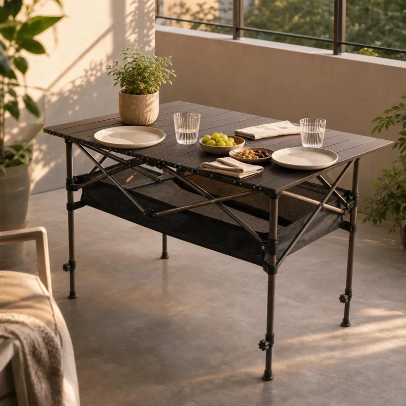 MESA PLEGABLE CAMPING CON MALLA ORGANIZADORA Y ALTURA AJUSTABLE - 1