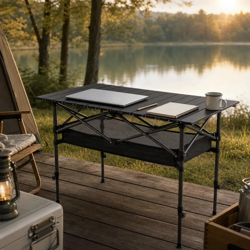 MESA PLEGABLE CAMPING CON MALLA ORGANIZADORA Y ALTURA AJUSTABLE - 3