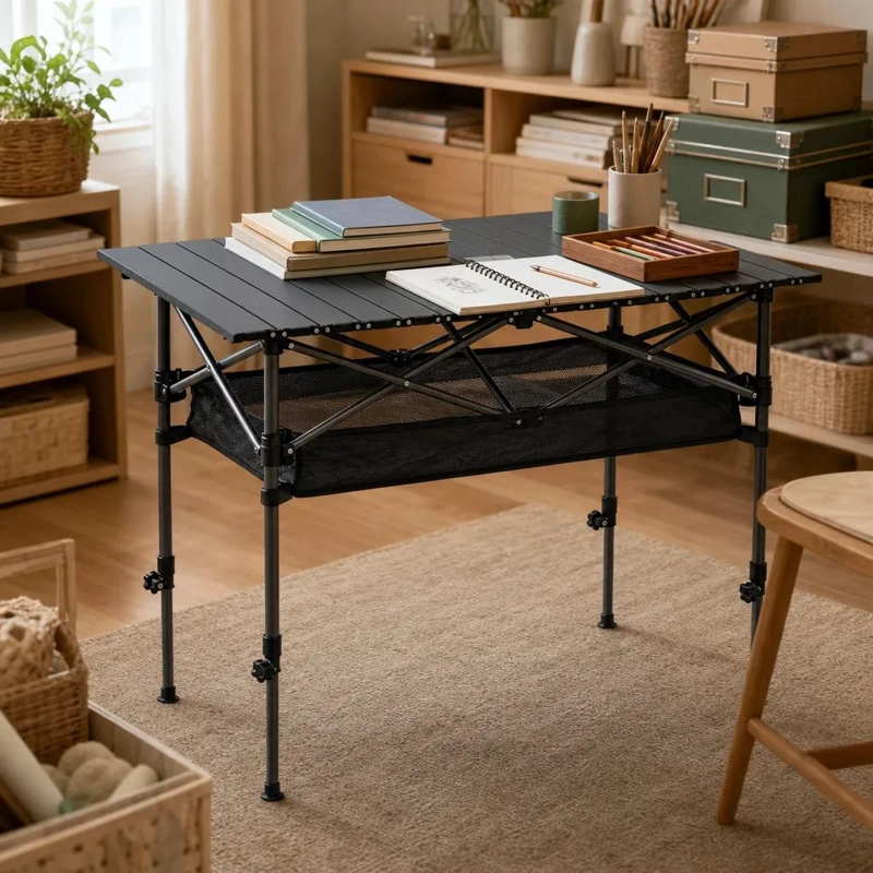 MESA PLEGABLE CAMPING CON MALLA ORGANIZADORA Y ALTURA AJUSTABLE - 6