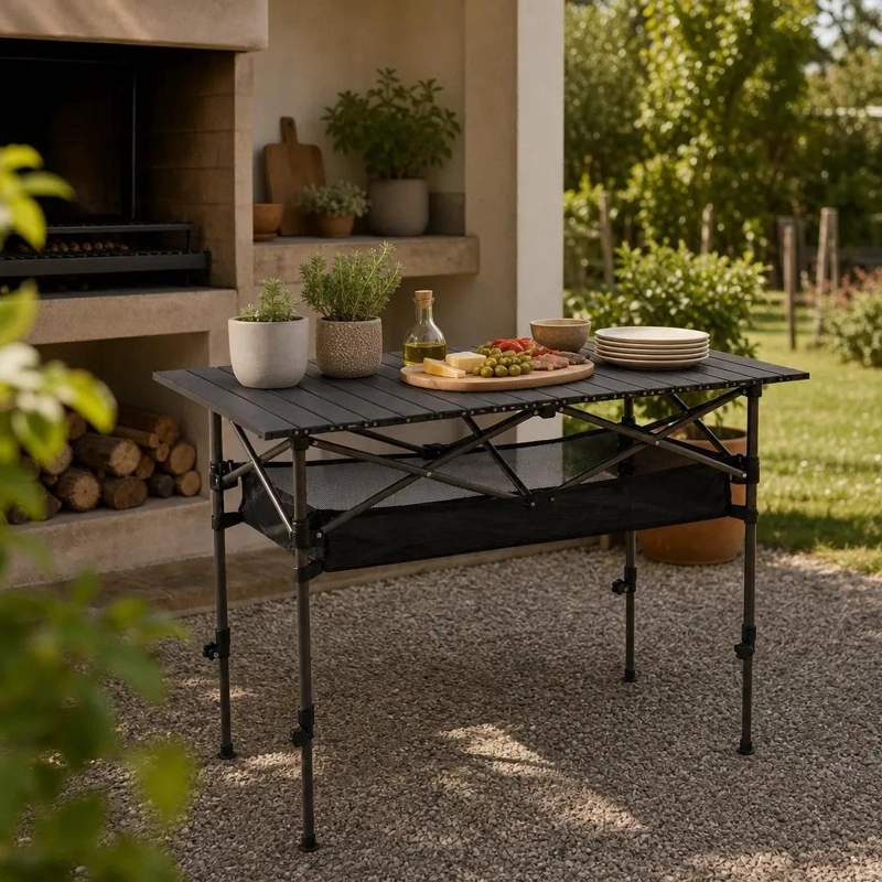 MESA PLEGABLE CAMPING CON MALLA ORGANIZADORA Y ALTURA AJUSTABLE - 8